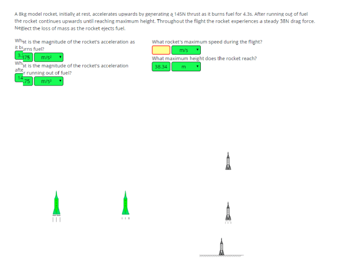 A rocket initially at rest on the ground accelerates vertically